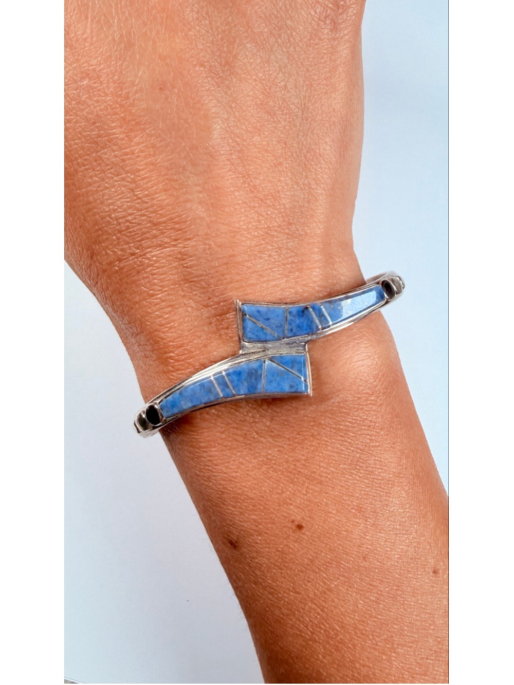 Southwestern Zuni Turquoise Inlay Bypass Sterling Silver Cuff VTG Bracelet